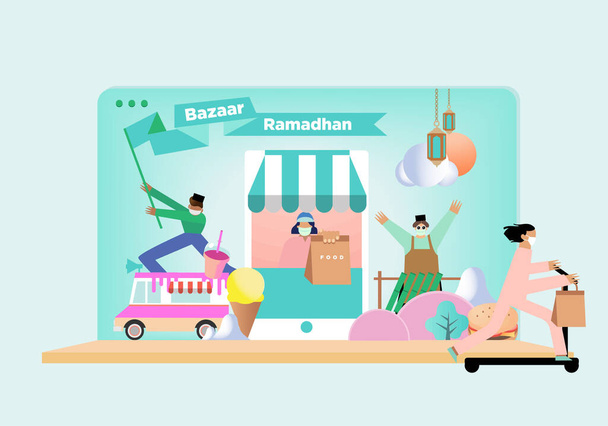 Шаблон привітання з електронним базаром Рамадан Вектор/замовлення їжі під час пандемії в періоді Рамадан/ ковад-19/ ілюстрація з малайськими словами, що означає "базар Рамадан, щасливий швидкий розрив", "благословенний Рамадан"
 - Фото, зображення
