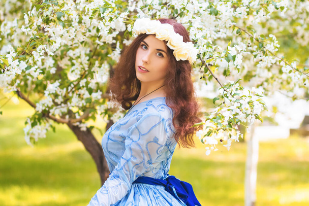 A beautiful woman in a blue puffy dress with a rim of white flowers on her head walks through the park between blooming apple trees. - Zdjęcie, obraz