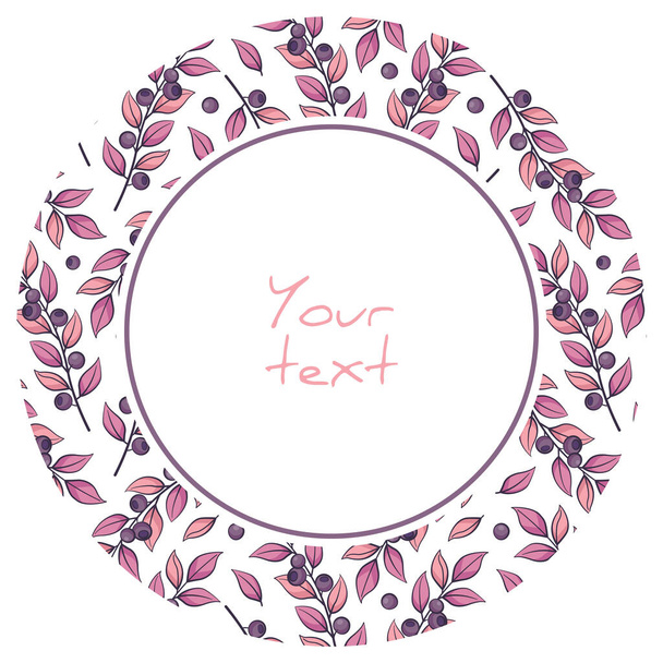 Round frame with blueberry twigs and purple leaves; berry frame for greeting cards, invitations, posters, banners, web design. - Vector, afbeelding