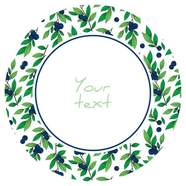 Round frame with blueberry twigs and greenery; berry frame for greeting cards, invitations, posters, banners, web design. - ベクター画像