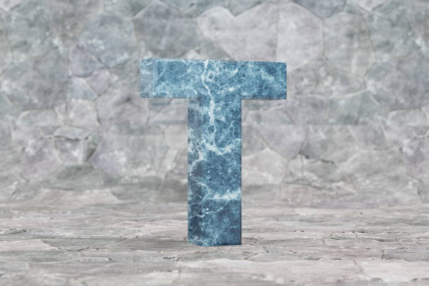 Mramorové 3d písmeno T velké. Modré mramorové písmeno na kamenném pozadí. 3D vykreslený znak písma. - Fotografie, Obrázek