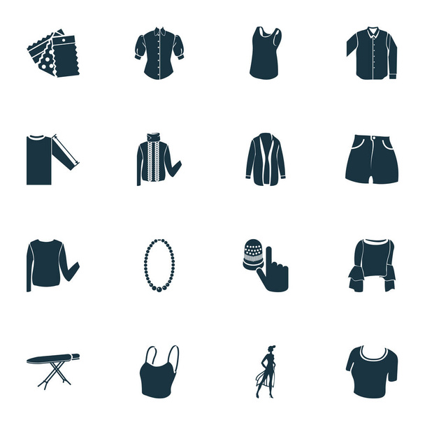 Fashion design icons set with high waist shorts, sleeveless shirt, cropped top and other clothes elements. Isolated vector illustration fashion design icons. - Vector, Image