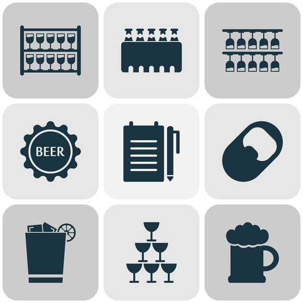 Drink icons set with stand with glasses, beer, opener ale box elements. Isolated vector illustration drink icons. - Vektor, Bild