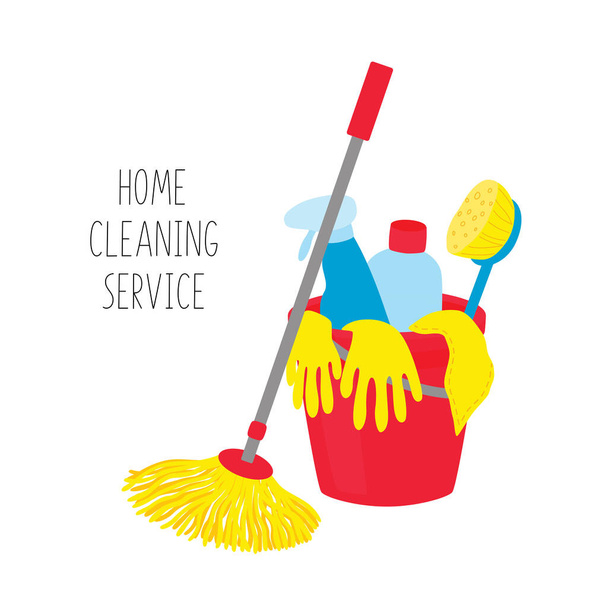Cleaning service. House cleaning tools in bucket on white background. - Vector, Image