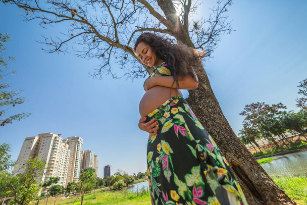 Portrait of pregnant woman posing near pond - Photo, Image