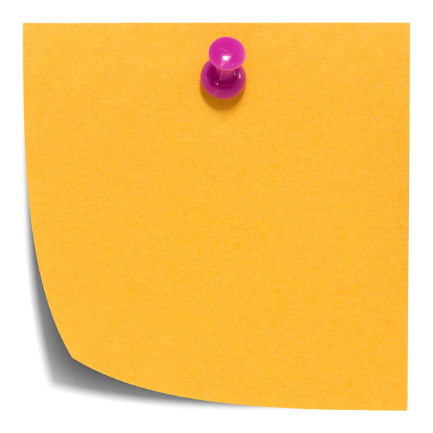Orange square sticky note, with pink pin, isolated on white background and with shadow - Photo, Image