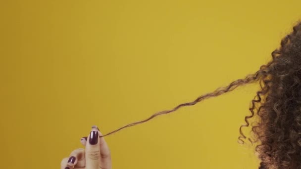 Genç Brezilyalı kıvırcık kadın sarı arka planda hareketli ve poz veriyor - Video, Çekim