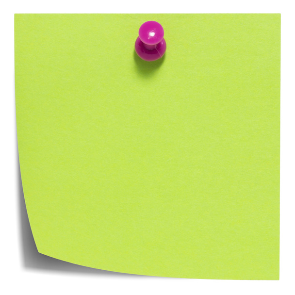 Green square sticky note, with pink pin, isolated on white background and with shadow - Photo, Image