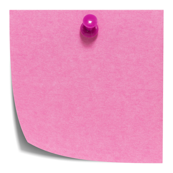 Pink square sticky note, with a pink pin, isolated on white background and with shadow - Photo, Image