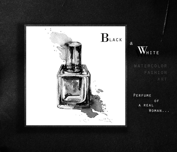 Watercolor glass bottle of perfume. Black and white illustration. Drips of paint and ink splashes. - Photo, Image