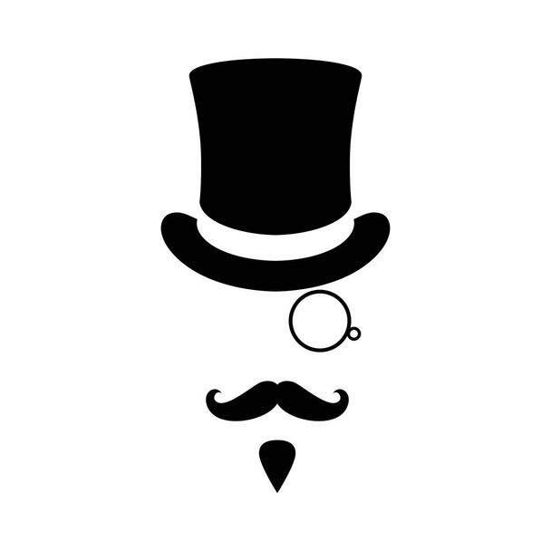 Mister ikona graficzna. Człowiek z wąsami, brodą, monoklem i cylindrem. Graficzny znak izolowany na białym tle. Ilustracja wektora - Wektor, obraz