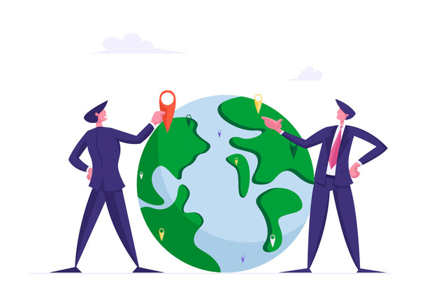 Mondiale ontwikkeling, wereldwijde globalisering, Business Vision Concept. Een paar zakenmannen bij Earth Globe Moving Navigation Pins en Looking Far Away. Cartoon People Vector Illustratie - Vector, afbeelding