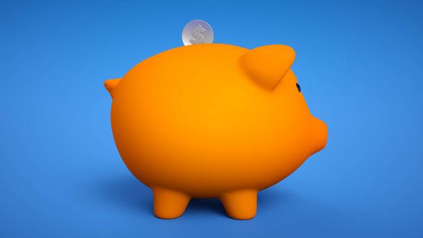 3d render of gold coin falling into a piggy bank. Piggy bank with coins money cash isolated on white background. Icon piggy bank, concept of saving money. Pig money box icon. - Photo, Image