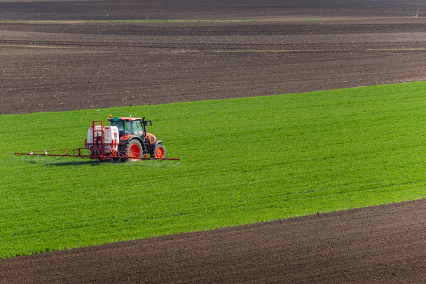 Traktorin ruiskuttamalla vehnällä keväällä alalla - Valokuva, kuva