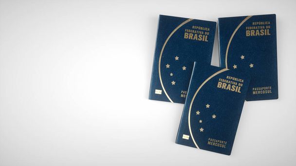 Passaporto brasiliano su sfondo bianco. Documento importante per i viaggi all'estero. Rendering 3D. - Foto, immagini