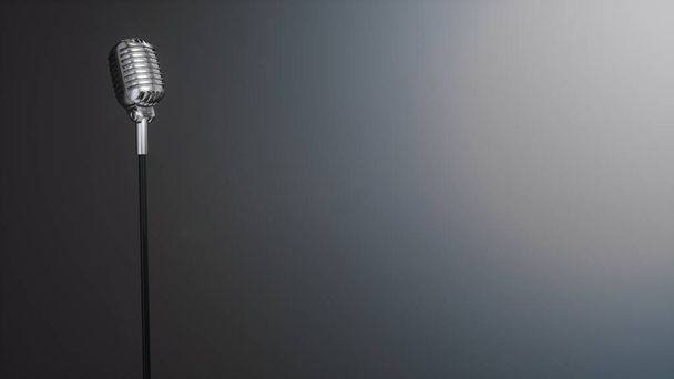 Retro-Mikrofon in Silber auf grauem Hintergrund. 3D-Rendering. - Foto, Bild