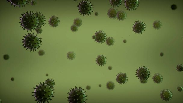 Brote de Coronavirus Covid-19 y antecedentes de gripe coronavirus como casos de cepa de gripe peligrosa como concepto de riesgo para la salud médica pandémica con células de la enfermedad como renderización 3D - Foto, imagen