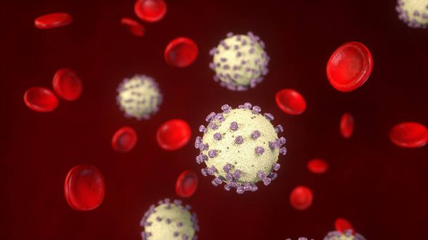 Coronavirus 2019-nCoV Covid-19 and Blood Cell background. Surto e pandemia conceito de risco para a saúde médica. Renderização 3D
. - Foto, Imagem