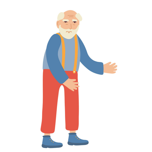 An elderly senior man with a beard isolated on white background. Grandpa. Red pants with suspenders, a blue shirt and boots. Vector illustration of an old man character. Full length portrait. - Vector, Image