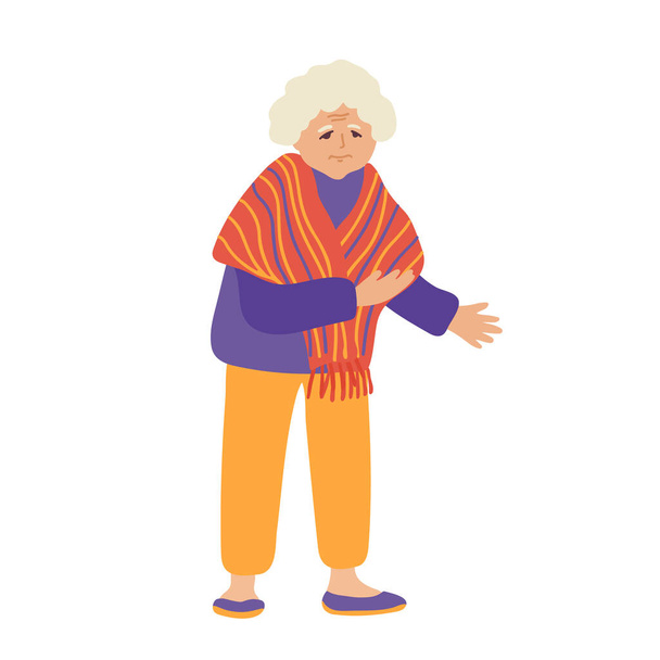 Seniorin isoliert auf weißem Hintergrund. Oma mit einem gestreiften bunten Schal. Gelbe Hosen. Vektorillustration einer älteren Frauenfigur im flachen Cartoon-Stil. Ganzes Porträt. - Vektor, Bild