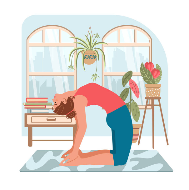 Woman doing yoga at home in modern interior. Stay home concept. Illustration for yoga, meditation, relax and healthy lifestyle. Vector illustration in flat cartoon style. - Vector, Image