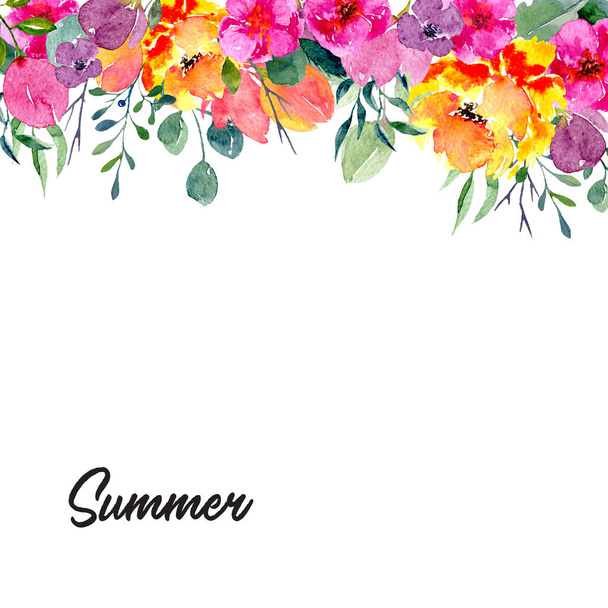 Background with watercolor floral arrangements. Natural hand drawn design with summer flowers and leaves. Invitation template with blossom and greenery - Fotoğraf, Görsel
