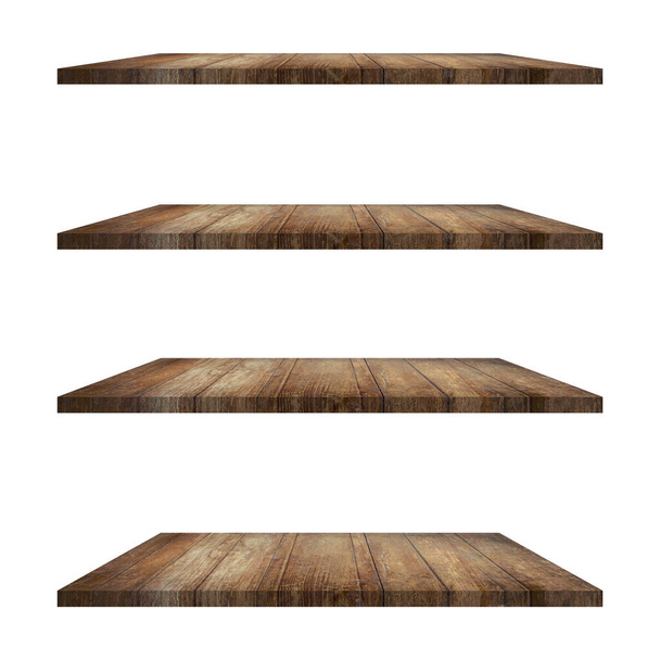 4 Ξύλινο τραπέζι ράφια απομονώνονται σε λευκό φόντο και μοντάζ οθόνη για το προϊόν. - Φωτογραφία, εικόνα