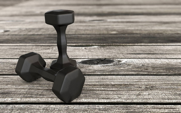 concepto de levantamiento de pesas con pesos de goma negro en un piso de madera con fondo borroso 3d renderred
 - Foto, Imagen