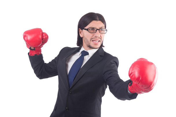 Empresario con guantes de boxeo en blanco
 - Foto, Imagen