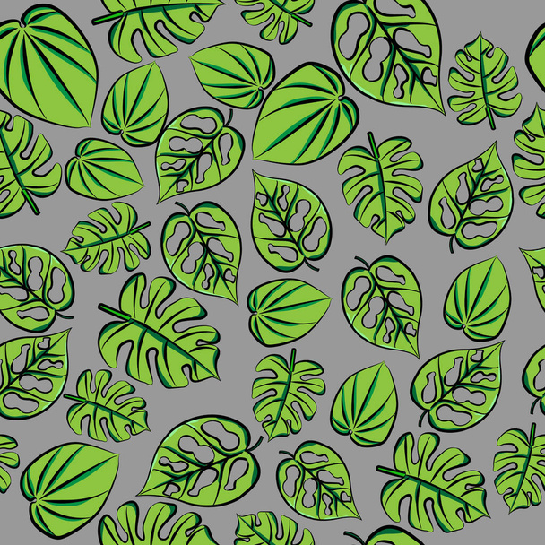 Green tropical leaves hole for printing fabric with gray background tropical Seamless pattern leaf nature with monstera - Vector, Image