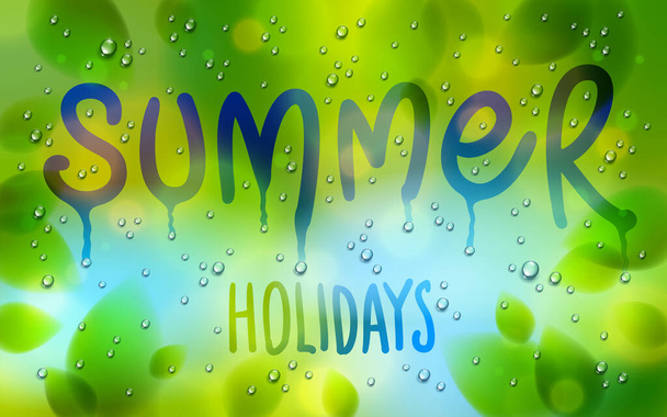 Summer word drawn on a window, fresh green leaves and water rain drops or condensate macro, vector 3d realistic transparent illustration, summertime nature beautiful art. - Vettoriali, immagini