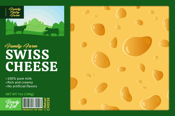 Modèle vectoriel d'emballage ou d'étiquette de fromage suisse. Illustration réaliste du fromage. Éléments de conception de ferme laitière
 - Vecteur, image