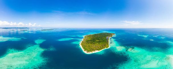 Aerial: exotic tropical island secluded destination away from it all, coral reef caribbean sea turquoise water white sand beach. Indonesia Sumatra Banyak islands - Фото, изображение
