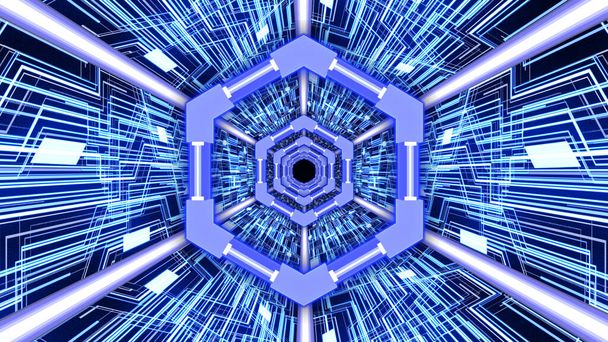 3Dアブストラクト青色の六角形リングの境界線を持つデジタル回路システムトンネル背景 - 写真・画像