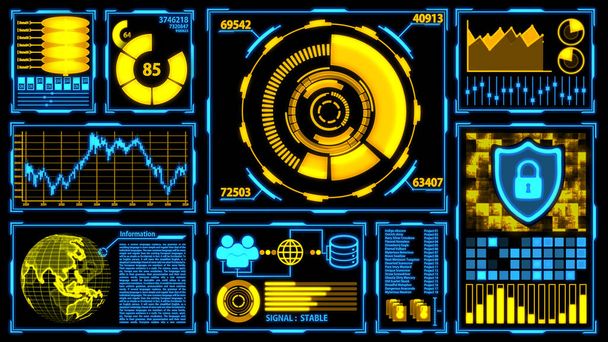 Transmisión de datos y pantalla de transformación digital con detalles en color amarillo-azul tema que incluye paneles, gráficos, gráficos, 3D Tierra y elementos digitales Ver.1 (pantalla completa
) - Foto, Imagen