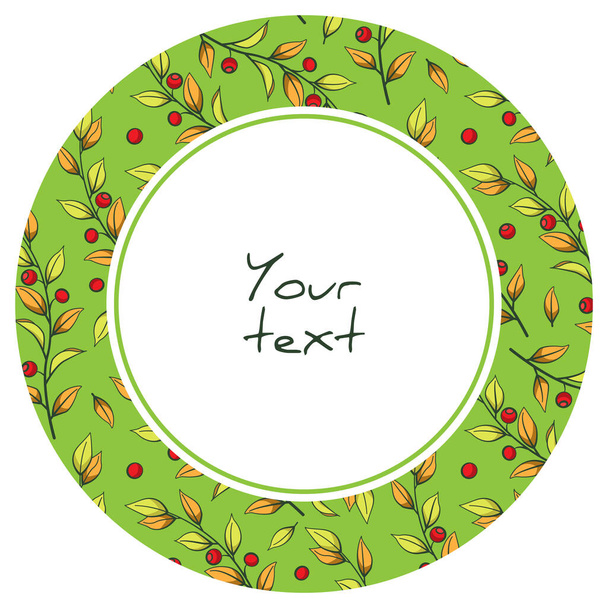 Round frame with red berry twigs on green background; berry frame for greeting cards, invitations, posters, banners, web design. - Vector, Image