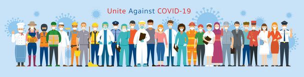 Skupina lidí s mezinárodní maskou na obličeji, United to Prevent Covid-19, Coronavirus Disease - Vektor, obrázek