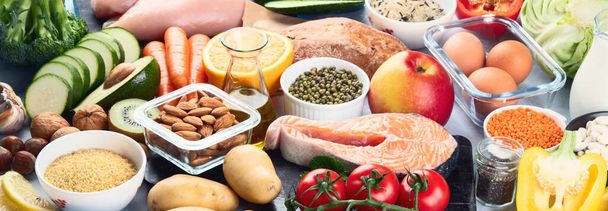 Balanced diet food background.. Nutrition, clean eating food concept. Diet plan with vitamins and minerals. Panorama, banner - Photo, Image
