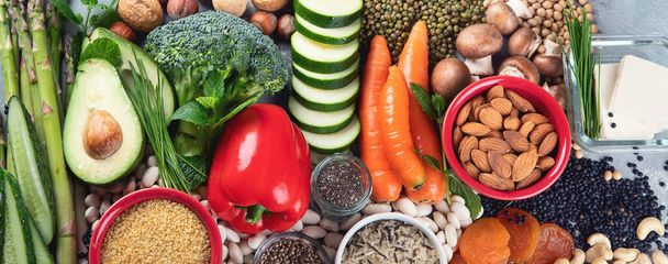 Diet of plant based protein. Healthy  Foods high in plant protein, antioxidants, vitamins and dietary fiber. Top view. Panorama, banner - Fotó, kép