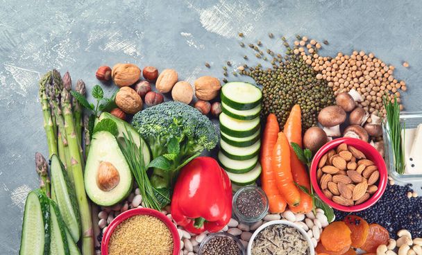 Dieta rostlinných bílkovin. Zdravé potraviny s vysokým obsahem rostlinných bílkovin, antioxidantů, vitamínů a vlákniny. Horní pohled s mezerou pro kopírování - Fotografie, Obrázek