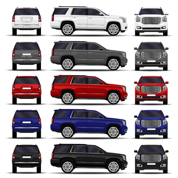 Conjunto de coches SUV realistas. Vista frontal; vista lateral; vista trasera. - Vector, imagen