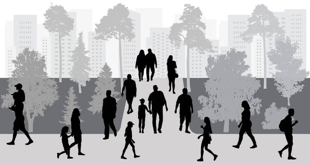 Városi élet. Emberek sétálnak a parkban, sziluettek. Vektorillusztráció. - Vektor, kép