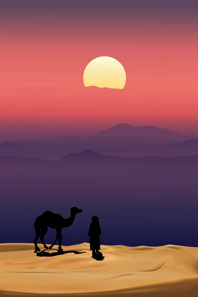 Uomo arabo con cammello che cammina nelle sabbie desertiche con tramonto alla sera, Scenario verticale di sole sulle montagne durante il crepuscolo nel colore magenta sopra le dune del deserto e della sabbia
. - Vettoriali, immagini