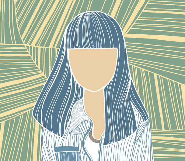 Illust van hipster trant meisje karakter op gestreepte achtergrond, Portret van een jonge mooie aziatische vrouw, Aziatisch schattig meisje avatar in hout gesneden stijl. - Foto, afbeelding