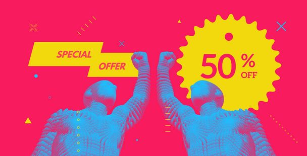 50% off. Sale and special offer. Concept for promotion and advertising. Vector illustration for design or print. Man celebrating success.  - Vektori, kuva