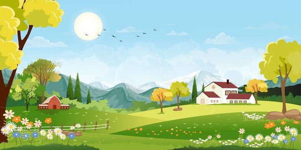 Panoramalandschaft des Frühlingsdorfes mit grünen Wiesen auf Hügeln und blauem Himmel, Vektorsommer- oder Frühlingslandschaft, Panoramalandschaft mit grünem Feld mit Bauernhaus, Scheune und Wiesenblumen  - Vektor, Bild