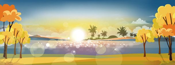 青い空とオレンジの空の丘の上に緑の牧草地と春の村のパノラマ風景,ベクトル夏や春の風景,夕方に日没と湖でパノラマの田舎. - ベクター画像