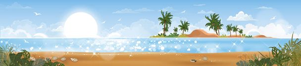 Πανόραμα άποψη Tropical θαλασσογραφία του γαλάζιου ωκεανού και καρύδας φοίνικα στο νησί, Πανοραμική παραλία στη θάλασσα και άμμο με μπλε ουρανό, Διάνυσμα εικονογράφηση επίπεδη φύση του τοπίου παραθαλάσσια για καλοκαιρινές διακοπές - Διάνυσμα, εικόνα