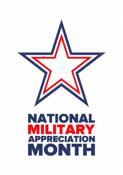 Mes Nacional de Apreciación Militar en mayo. Mes Anual de Celebración de las Fuerzas Armadas en Estados Unidos. Elementos patrióticos americanos. Cartel, tarjeta, banner y fondo. Ilustración vectorial
 - Vector, Imagen