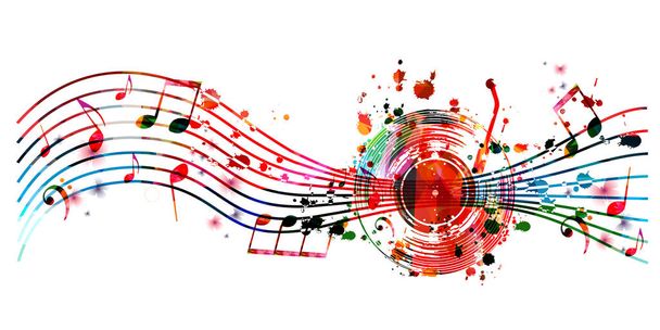 Kolorowy plakat promocyjny muzyki z instrumentami muzycznymi i notatki izolowane wektor ilustracji. Artystyczne abstrakcyjne tło dla programu muzycznego, wydarzenia koncertowe na żywo, szablon projektu ulotki imprezowej - Wektor, obraz